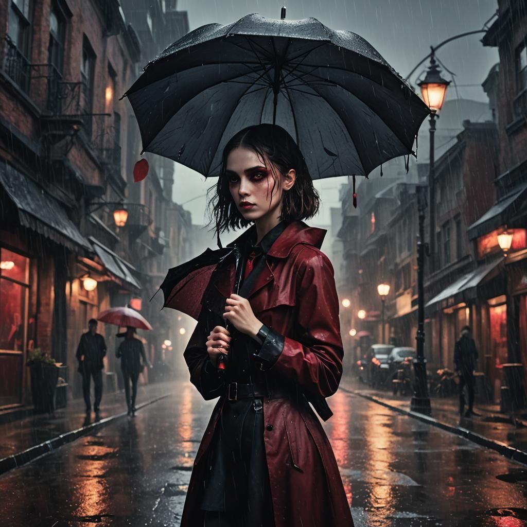 Young Vampire in Rainy Street: Gothic Surrealism