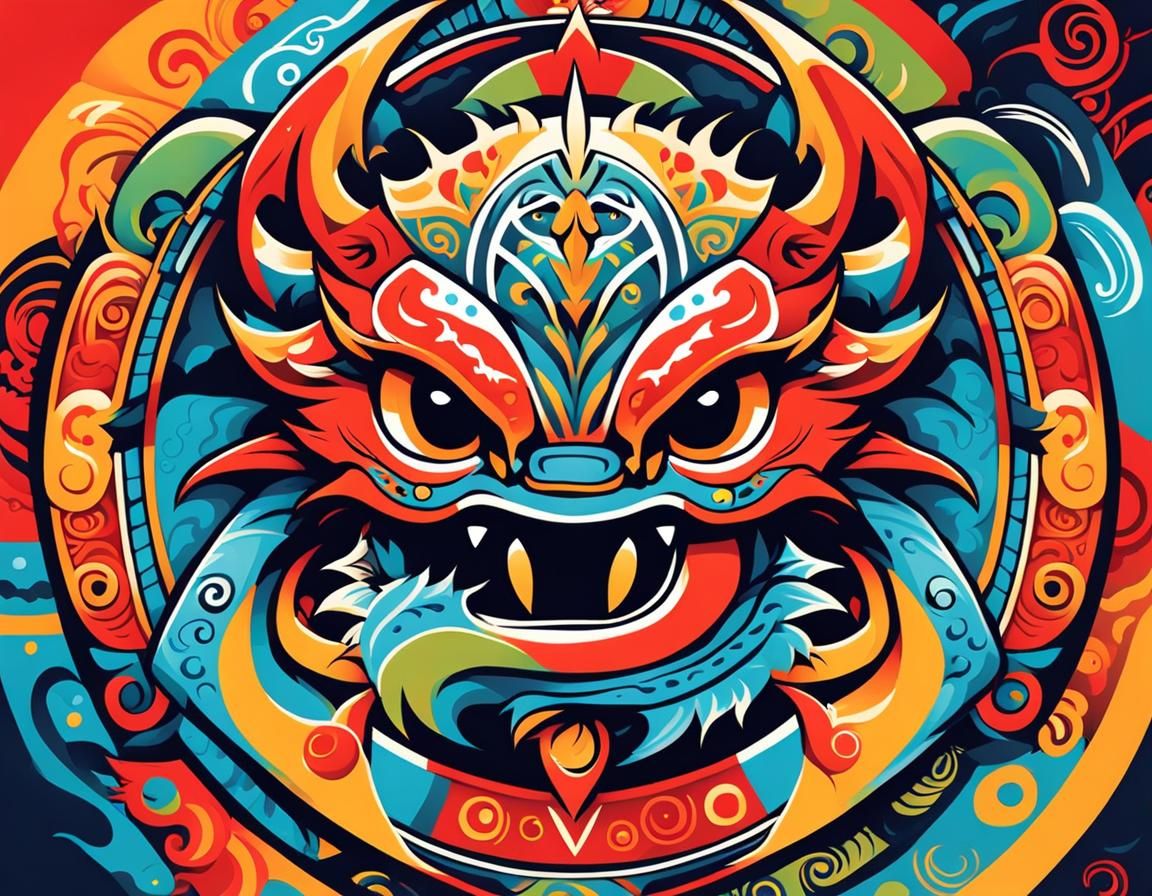 Red Dragon Logo with Tribal Ornament Art