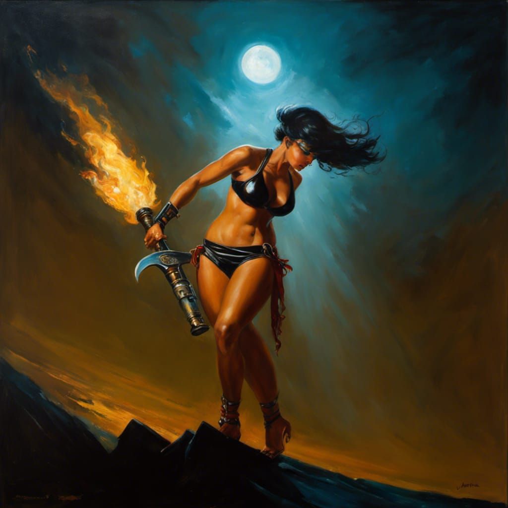 Warrior in Black Leather Bikini: Oil Painting