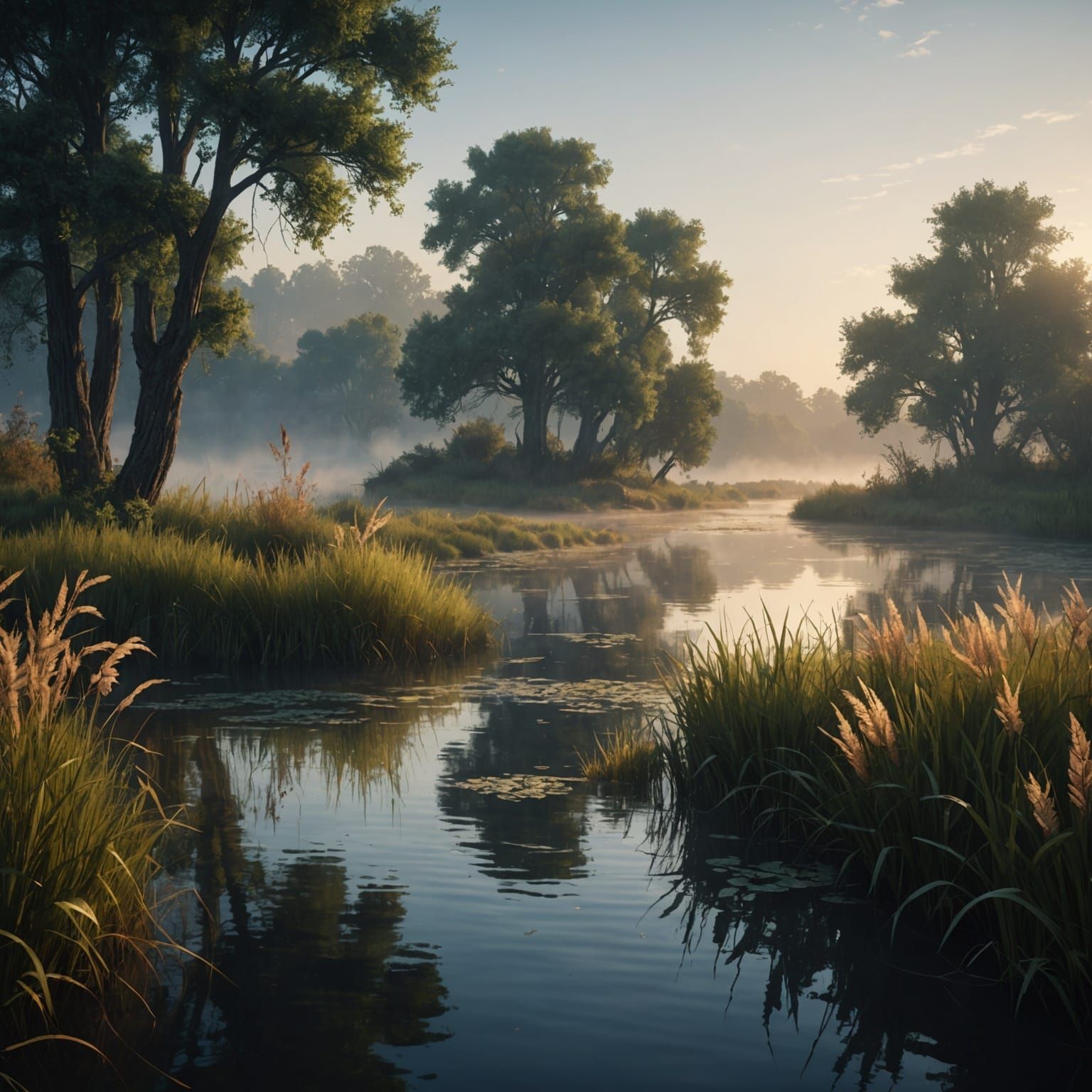 Peaceful Riverside at Dawn: Detailed Matte Painting