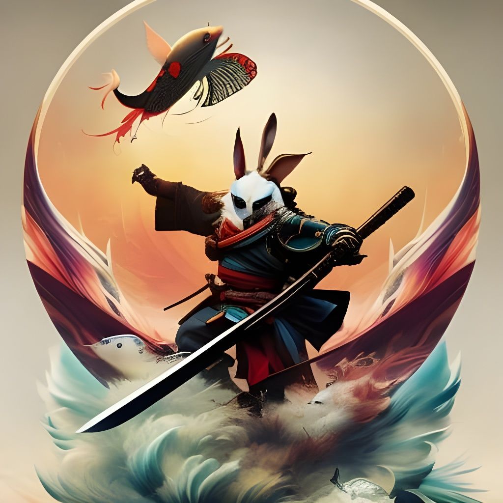 Rabbit Samurai and Flying Koi Fish Fantasy Art