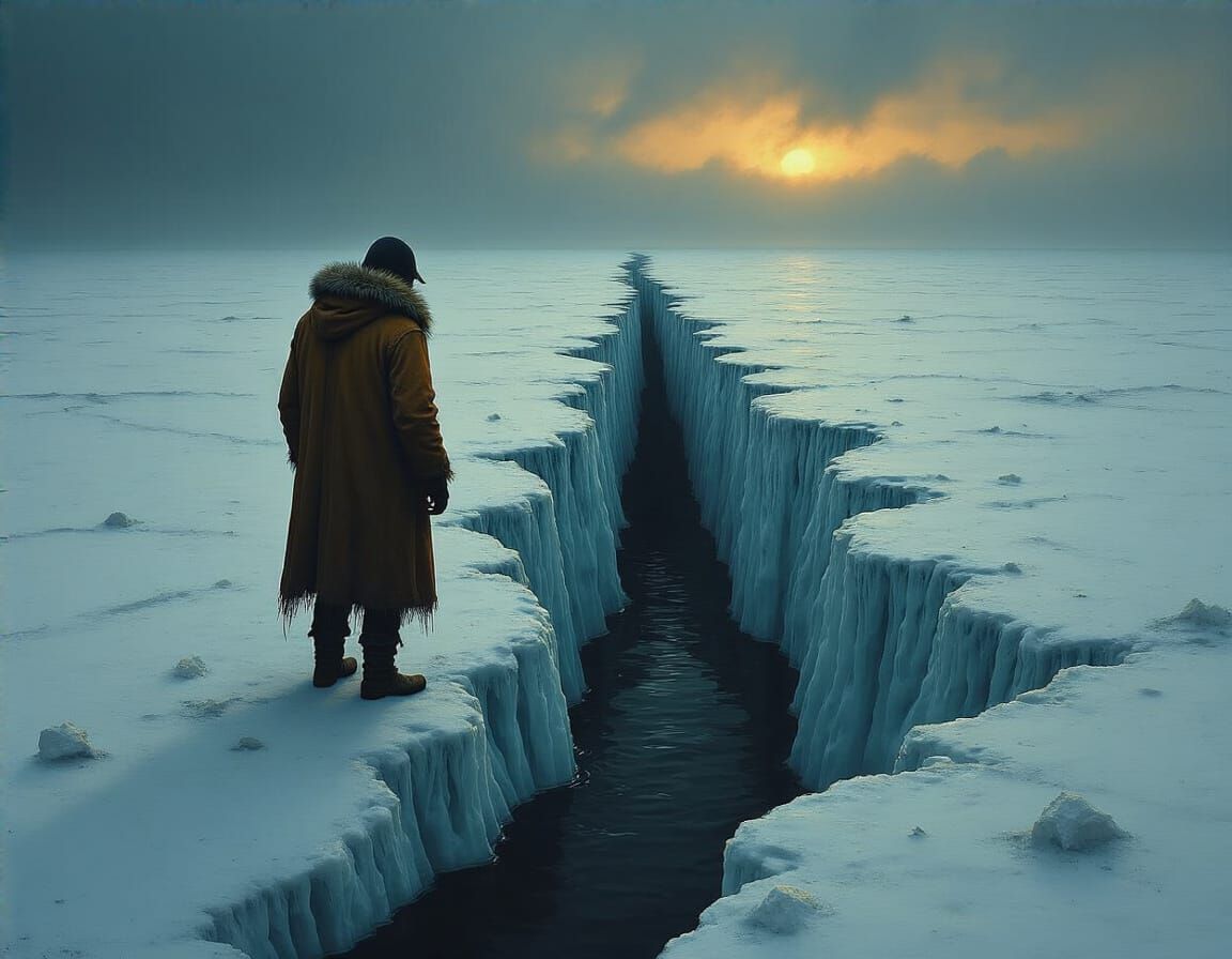 Man Vanishes in Frozen Landscape with Dark Fissure