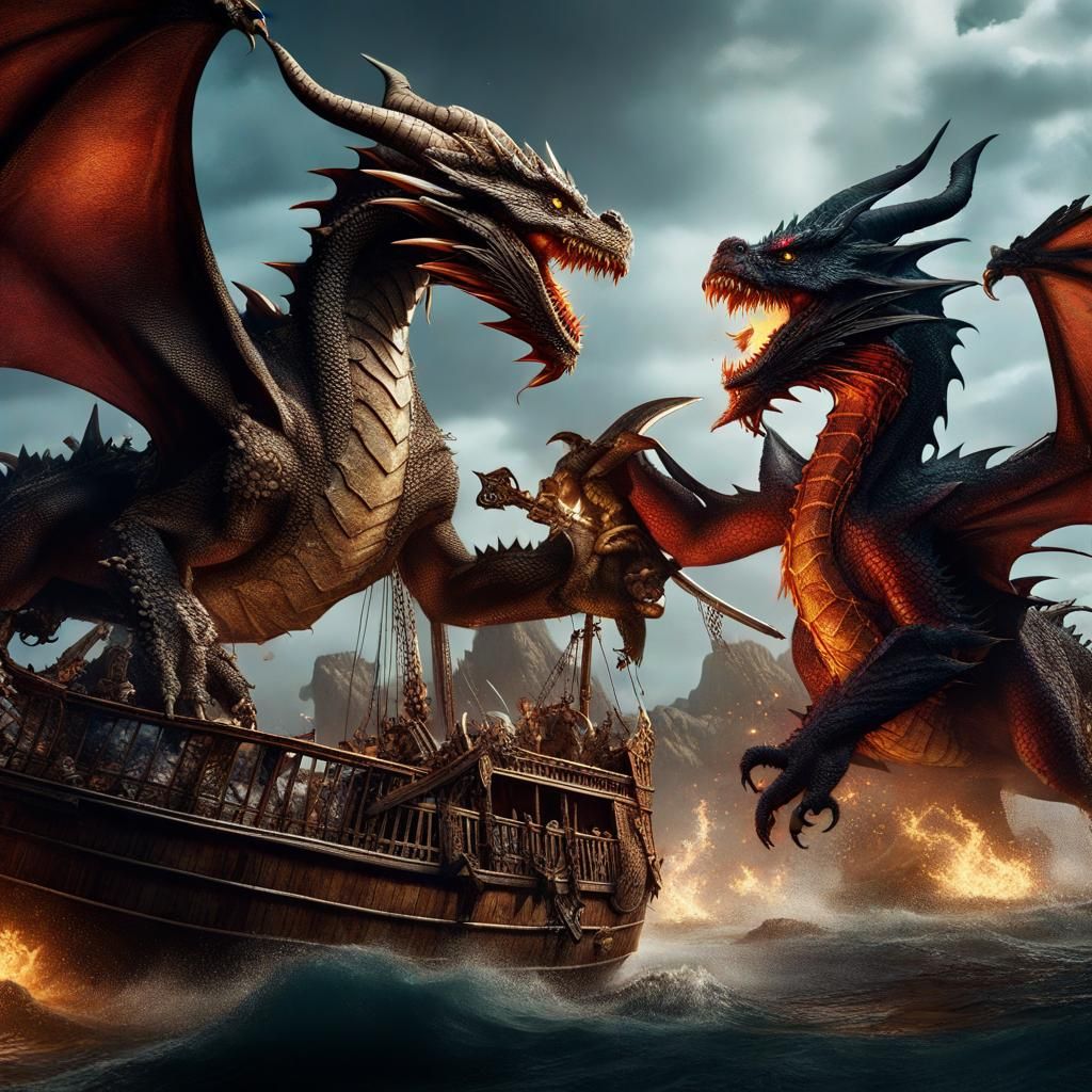 Dragons Clash with Pirates: Fantasy Art