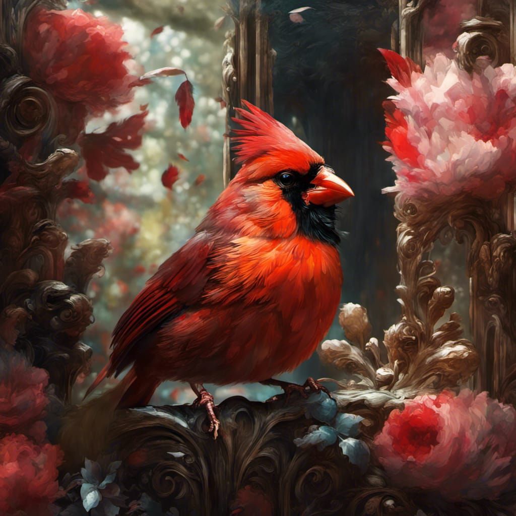 Chibi Cardinal in Garden with Reflecting Eyes