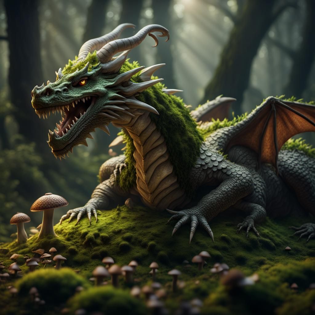 Moss-Covered Dragon Awakening in a Forest