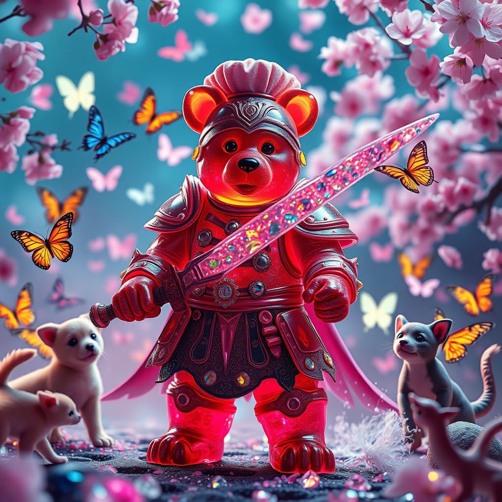 Gummy Bear Chef Warrior in Candy Armor, Amidst Whirlwind of ...