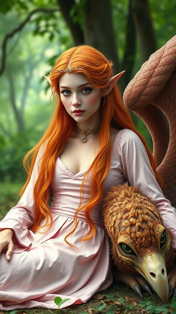 Elven Queen with Hippogriff Companion in Whimsical Forest