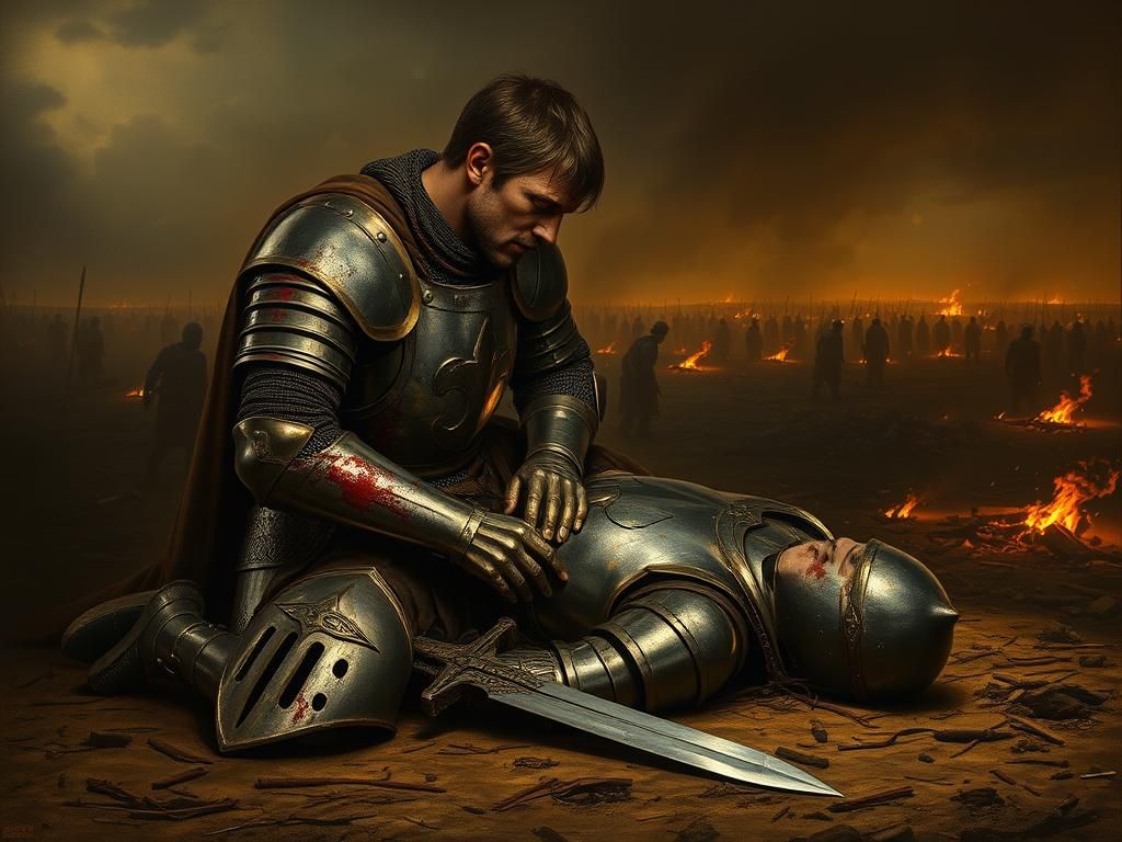 Knight Templar Mourns Fallen Comrade on Battlefield