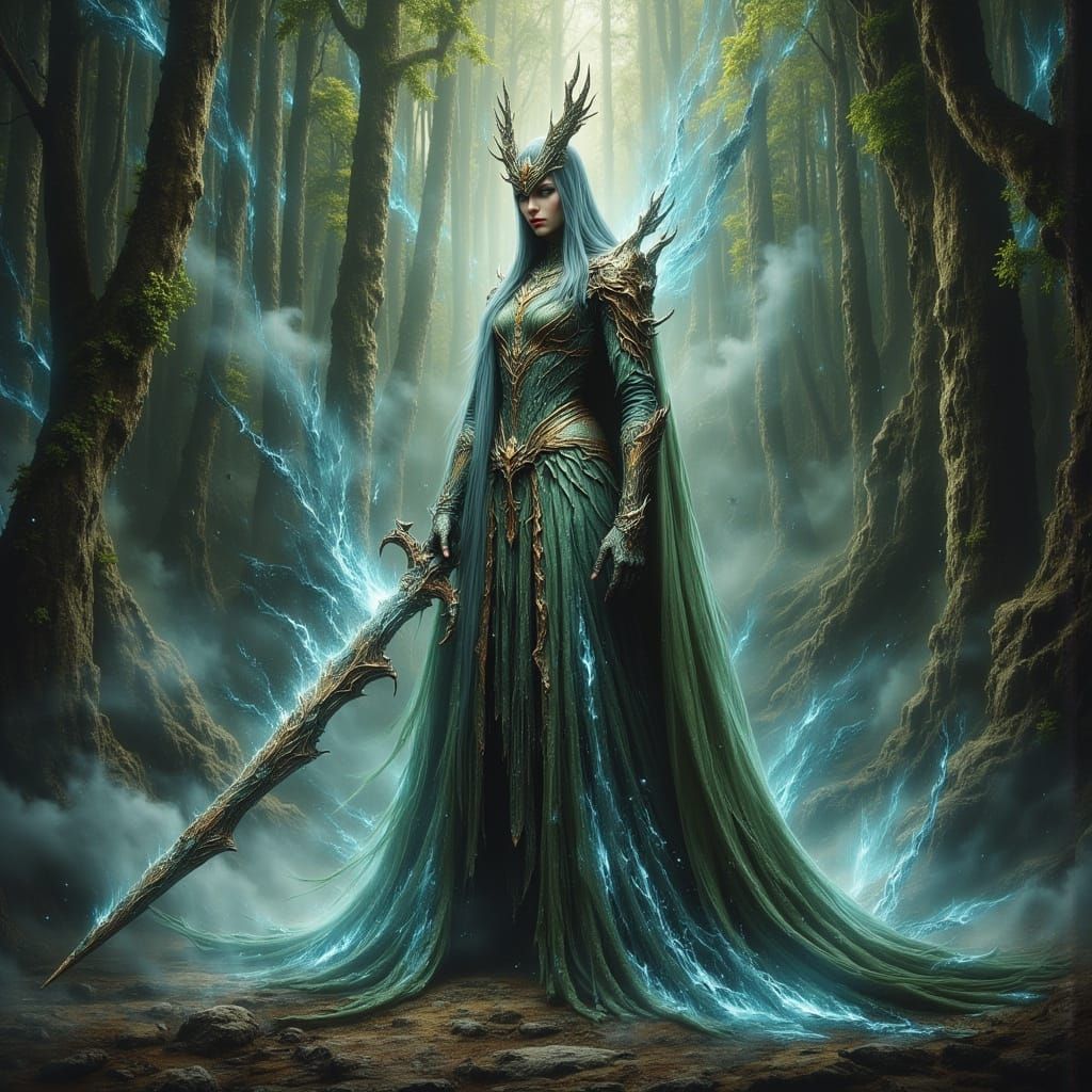 Galadriel, Elven Warrior in Mystical Forest as Oil Painting