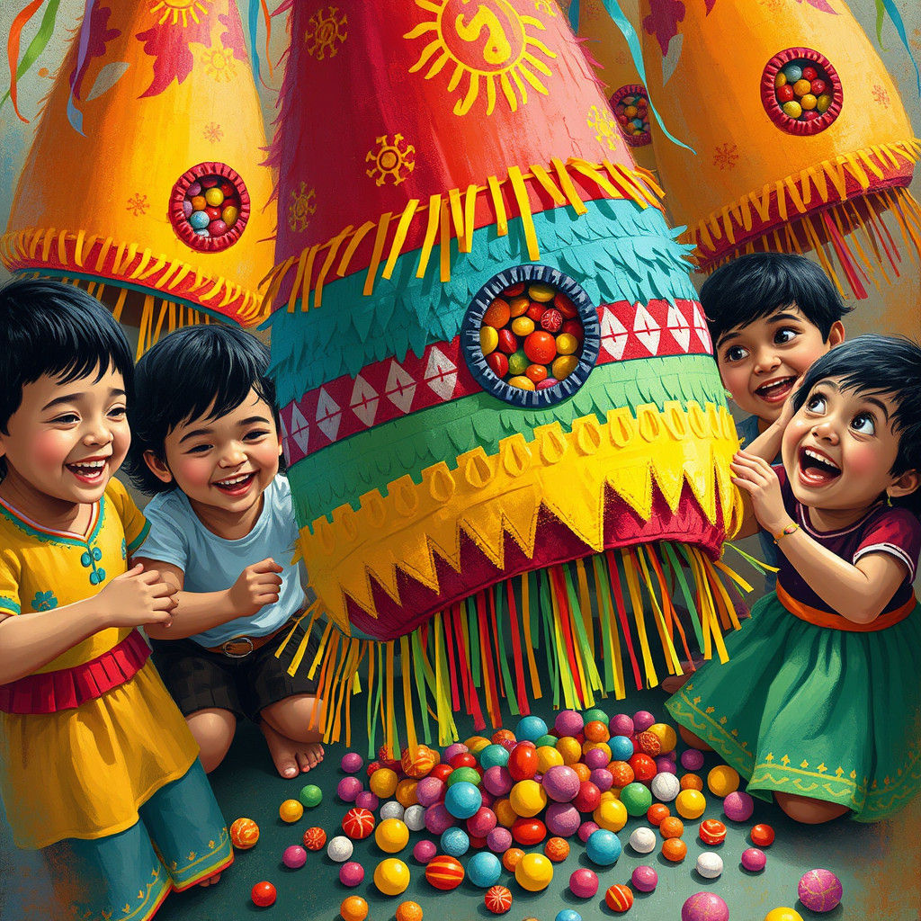 Children Celebrate with Piñatas in Folk Art Style