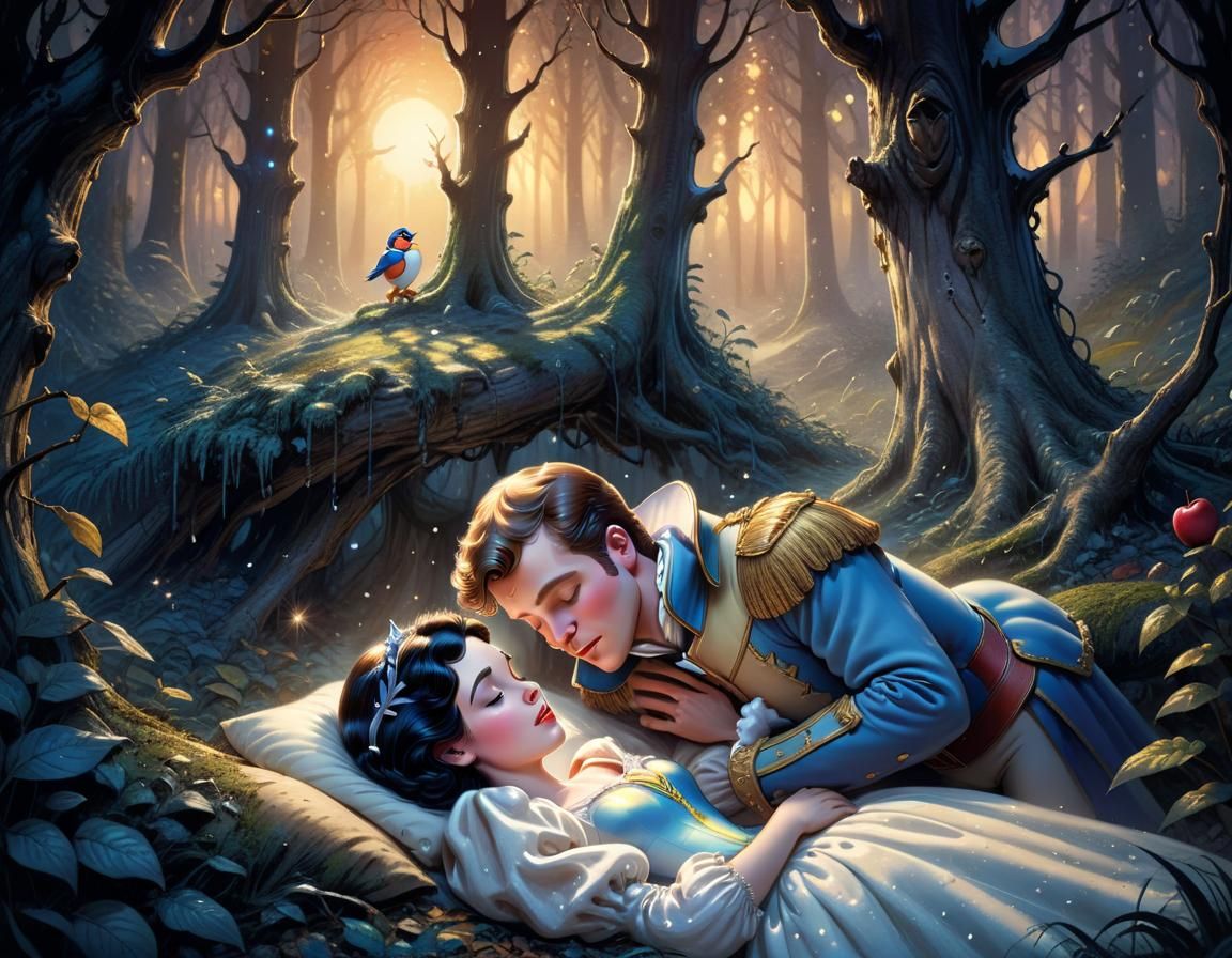 Prince Charming Finds Sleeping Snow White: Pen and Ink