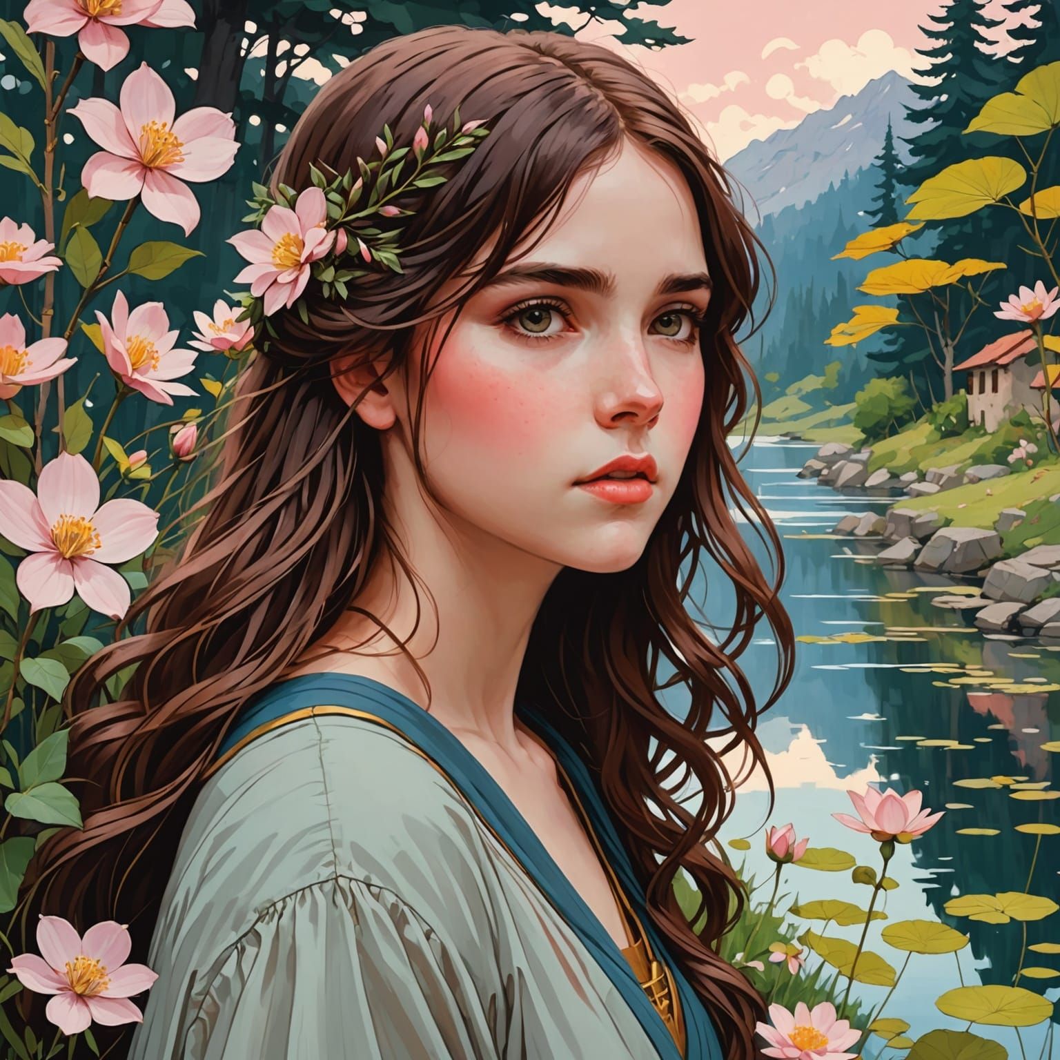 Sweet Anime Girl Portrait Inspired by Waterhouse
