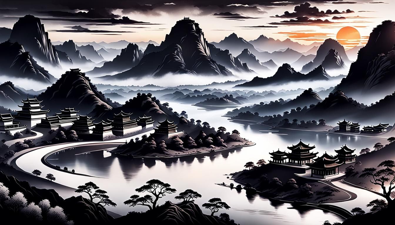 Monochrome Scroll with 3D Landscape in Film Noir