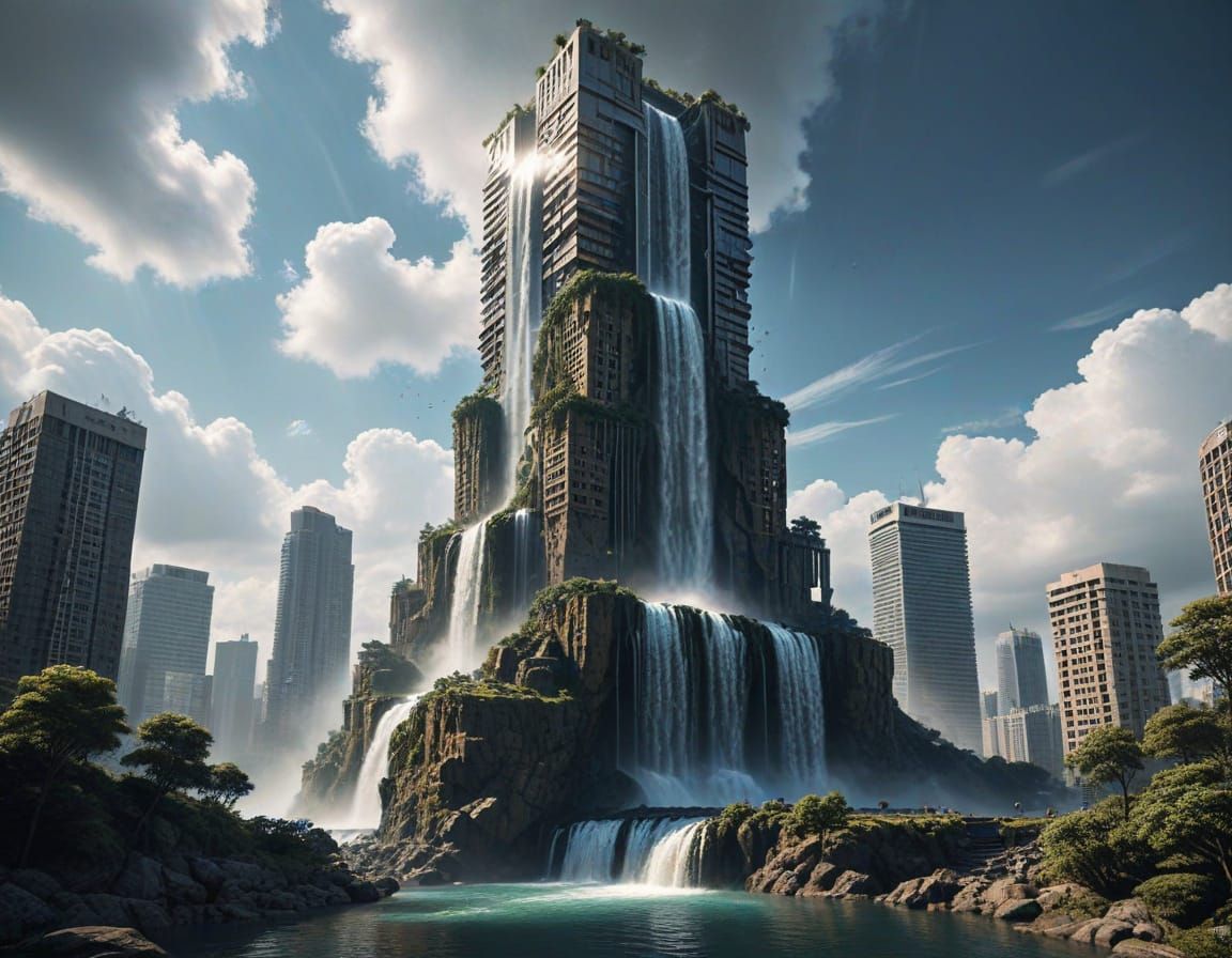 Surreal Urban Megastructure Waterfall Skyscraper in Futurist...