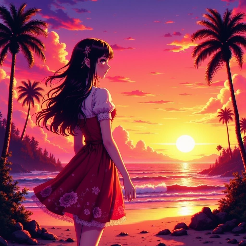 Cute Girl on Sunset Beach with Palm Trees