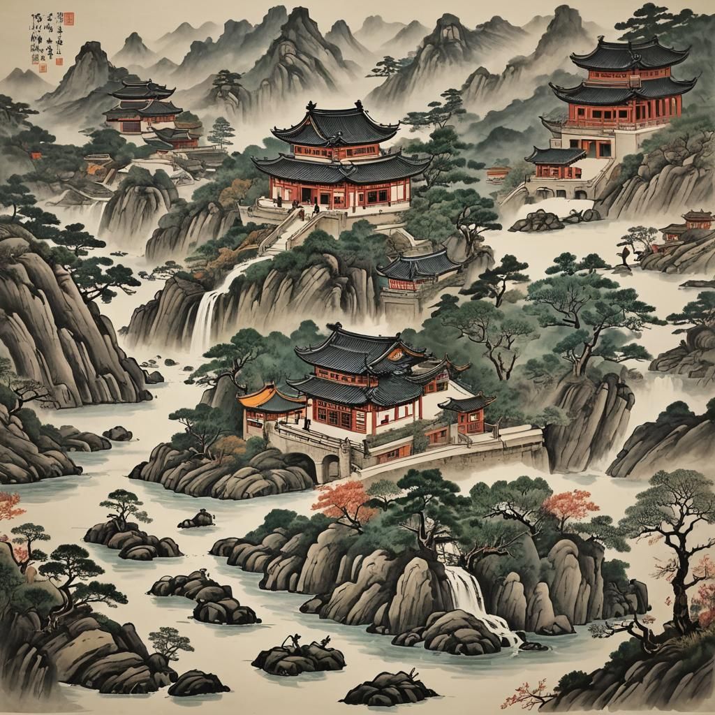 Chinese Folk Art in Ink Drawing Style