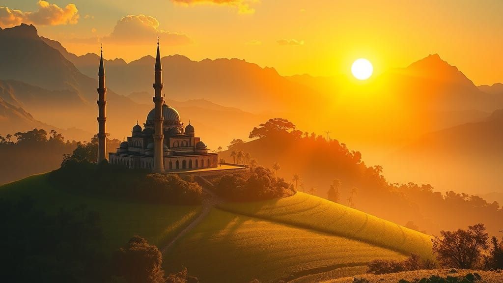 Golden Dawn Over Majestic Mosque and Lush Rice Fields