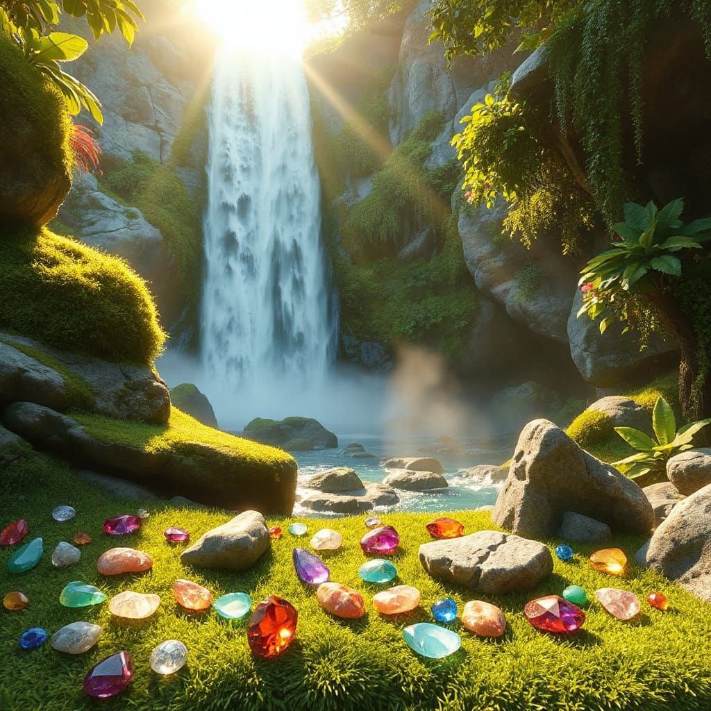 Fantasy Waterfall Scene in Vibrant Green Nature with Sparkli...