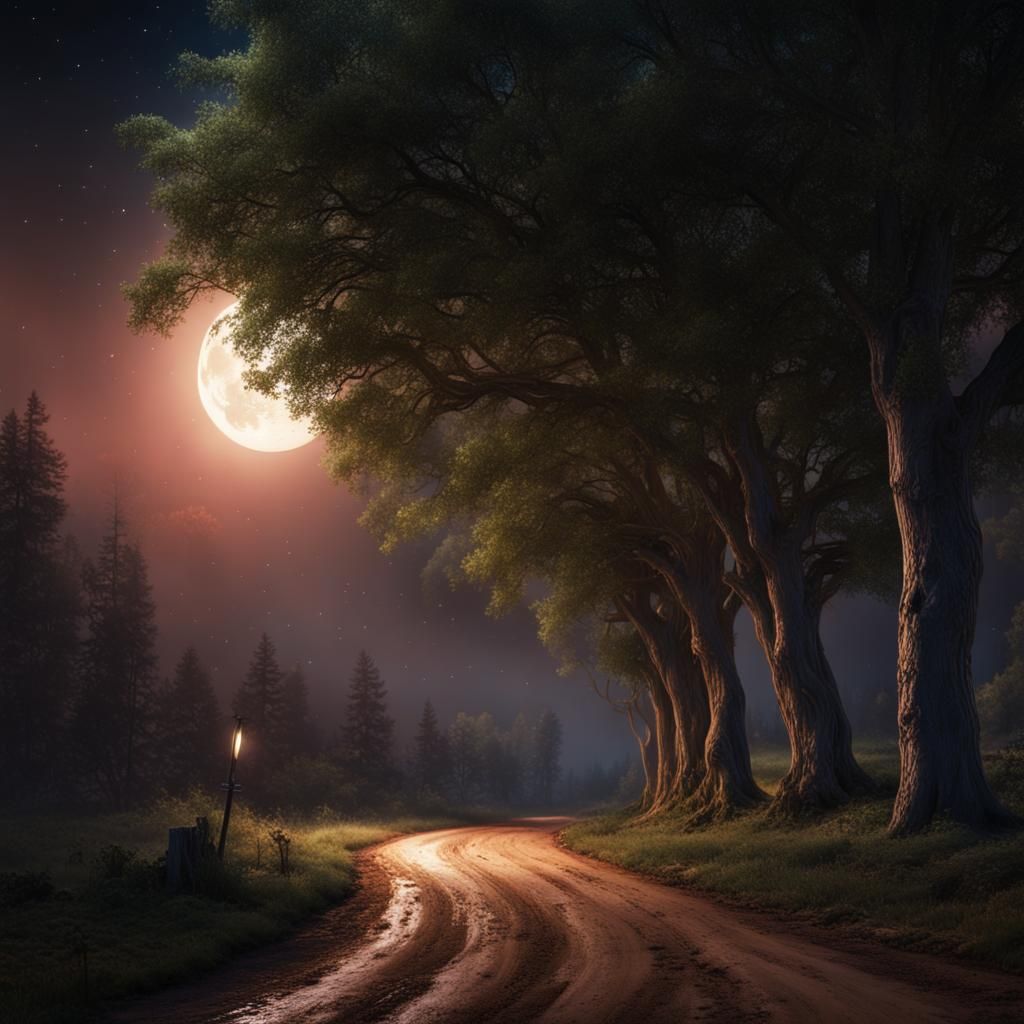 Moonlit Tree-Lined Road in Fantasy Art Style