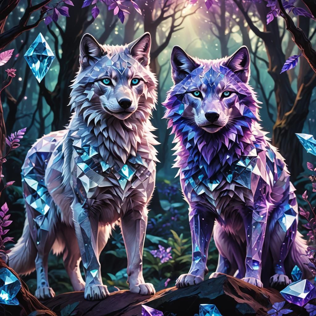 Diamond Cat and Wolf in Fantasy Forest