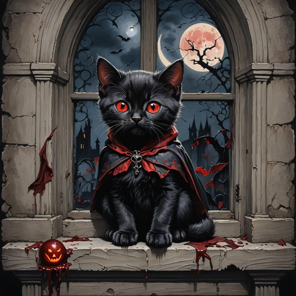 Gothic Vampire Kitten on Windowsill