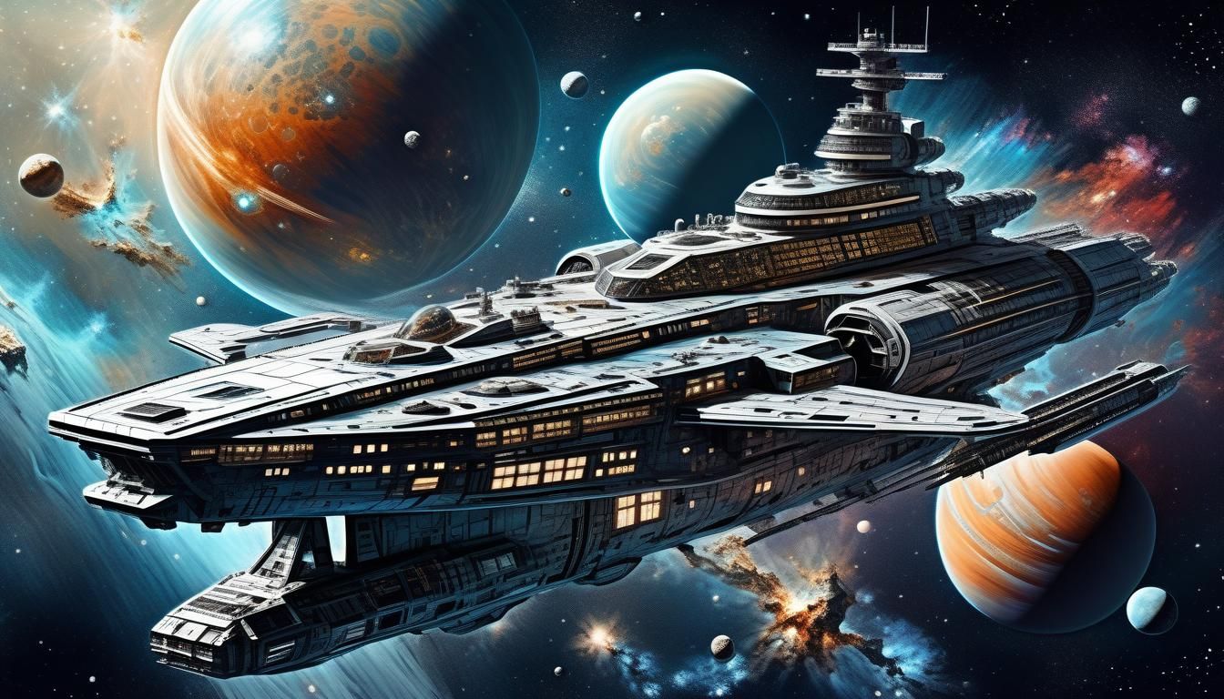 Futuristic Starship Battleship in Space: Watercolor Illustra...