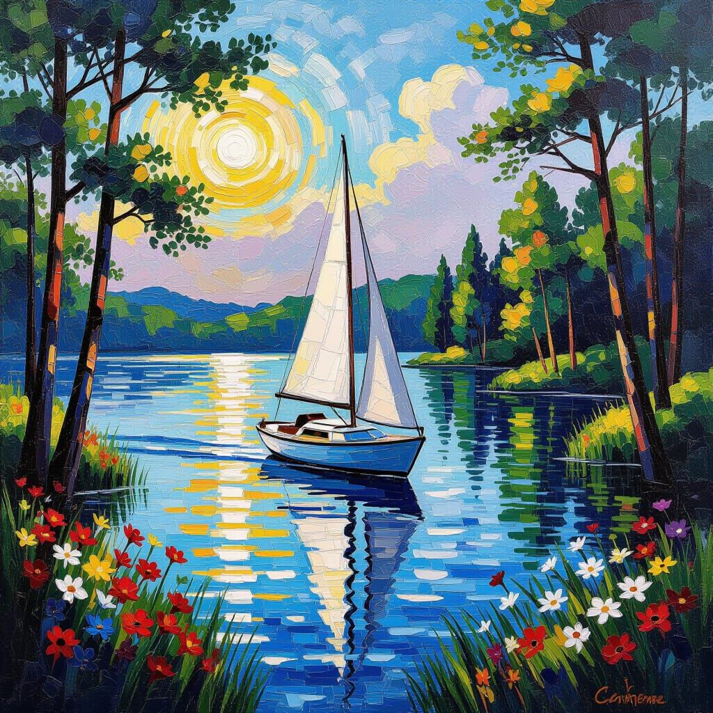 Sailboat Glides on Sunlit Lake in Impasto Style