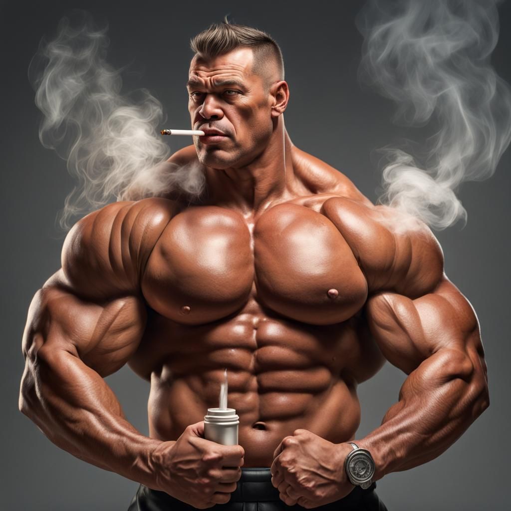 Muscular Powerlifter Flexing and Smoking