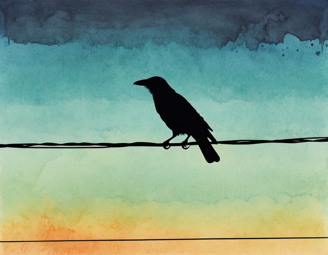 Minimalist Crow Silhouette on Wire with Colorful Sky