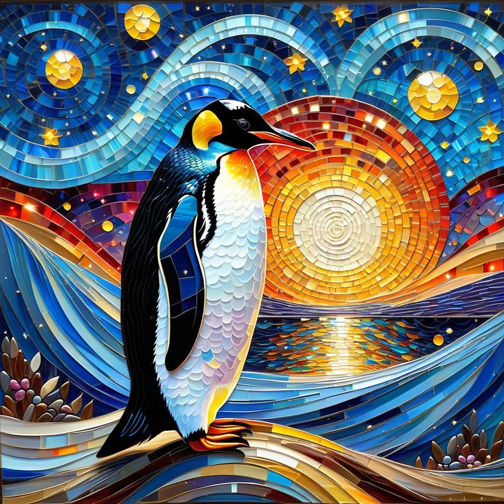 Penguin Starry Night in Expressionist Mosaic Style