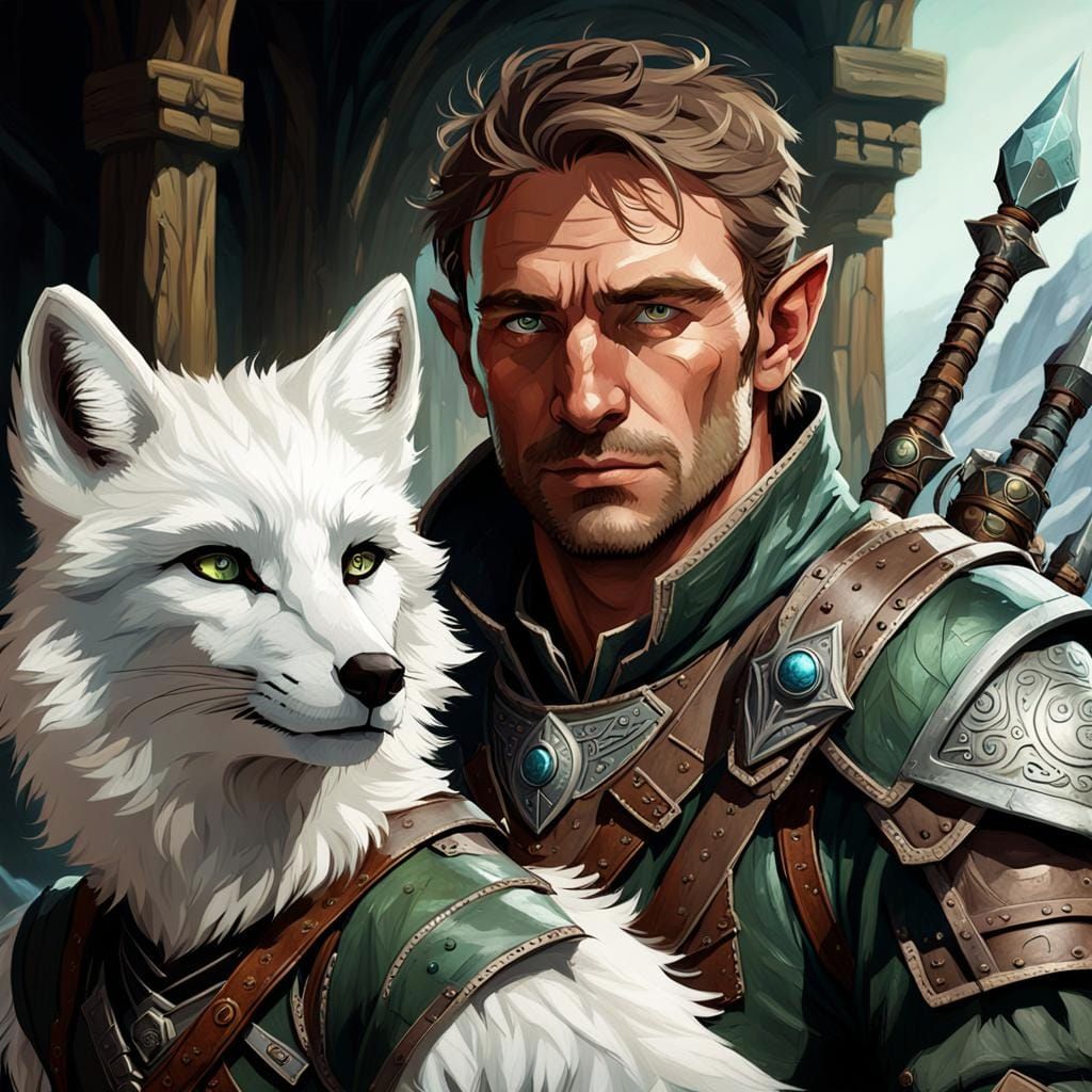 Elven Explorer and Arctic Fox Portrait in Artgerm Style