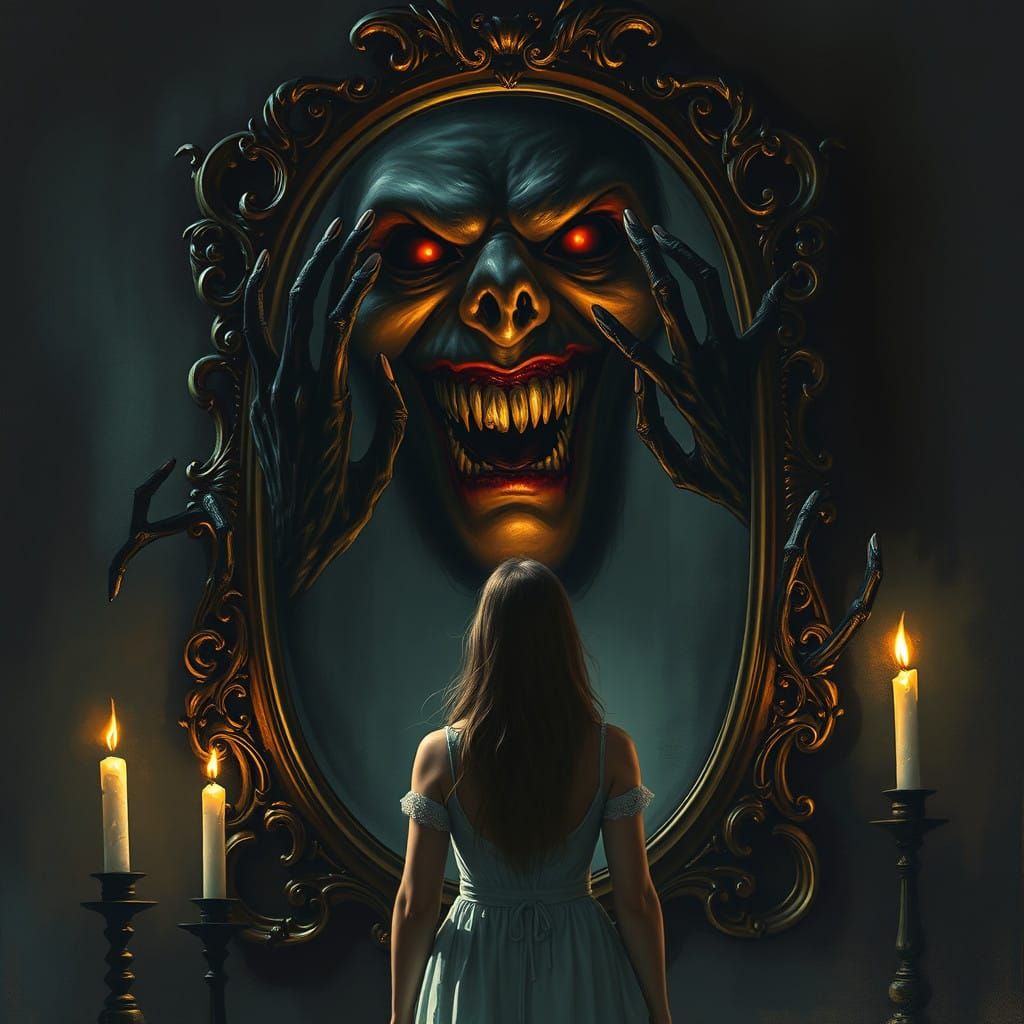 Haunting Horror Scene with Twisted Reflections