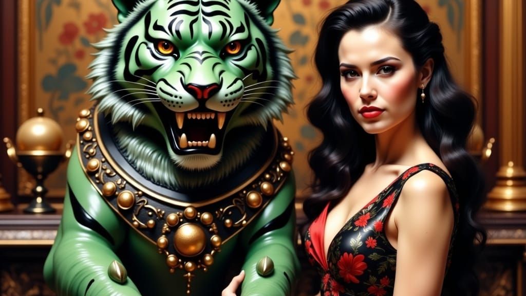 Portrait of Sauvanne in a Cheongsam Beside Jade Tiger Statue