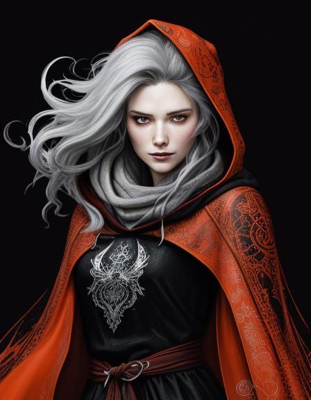 Red Hooded Maiden with Silver Wolf, Expressive Comic Art