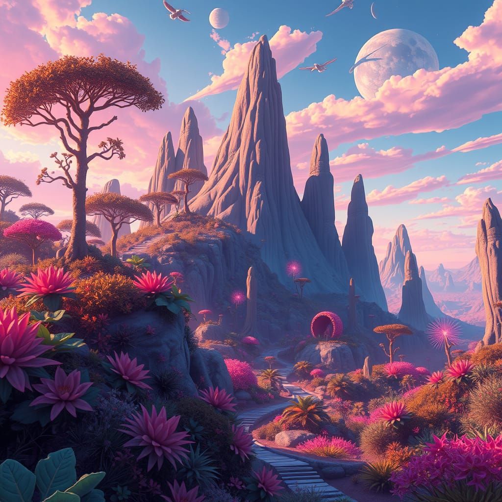 Lush Alien Landscape with Iridescent Skies