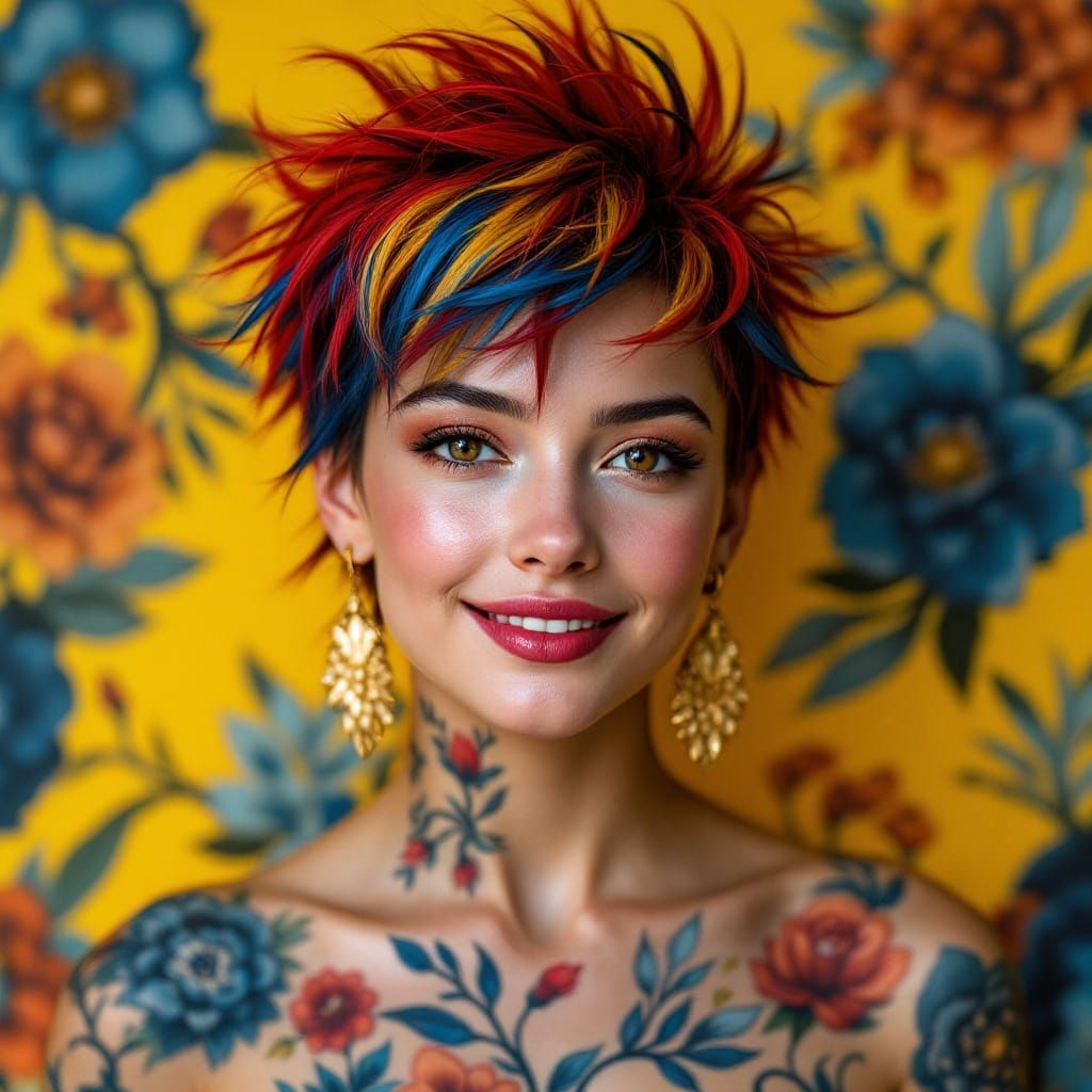 Energetic Young Woman with Vibrant Hair and Floral Tattoos