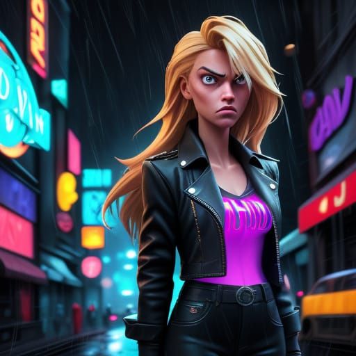 Defiant Blonde Woman in Gritty Neon Cityscape
