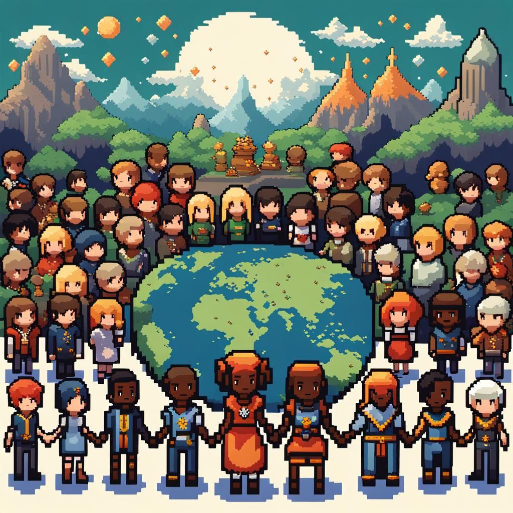 Fantasy Characters Unite: 8-bit Pixel Art Earth