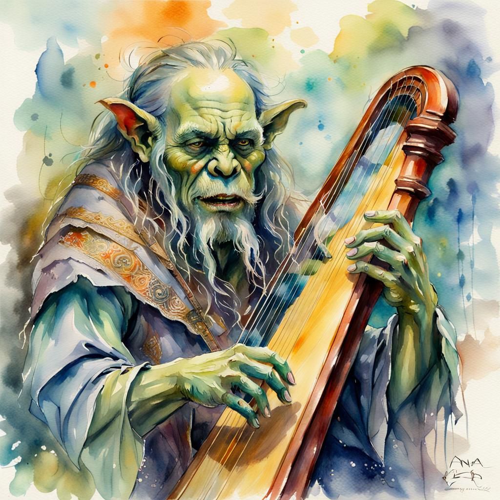 Orc Plays Harp in Watercolour Fantasy Style