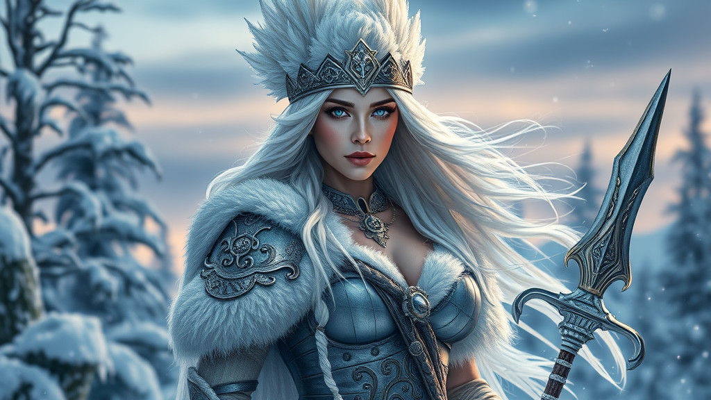 Hyperrealistic Valkyrie Goddess on Winter Battlefield