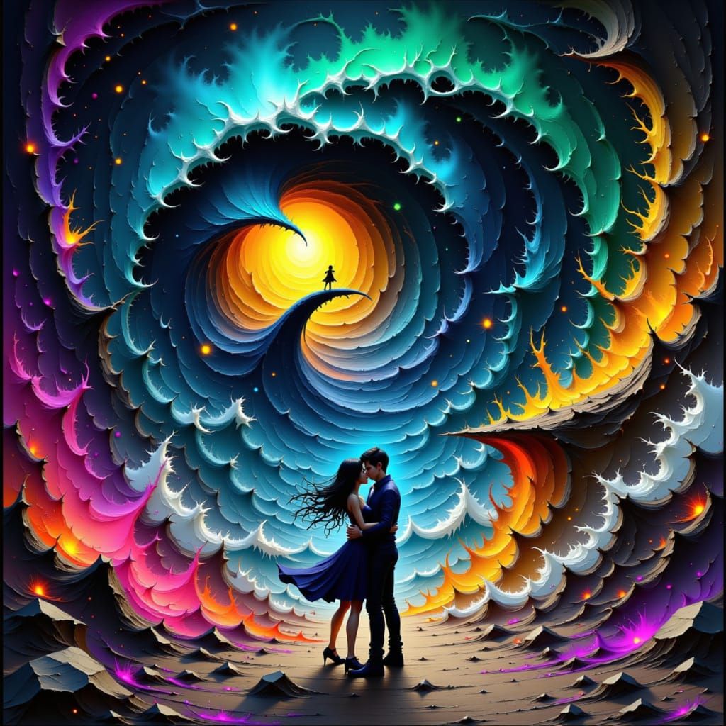 Couple Embracing Amidst Elemental Chaos