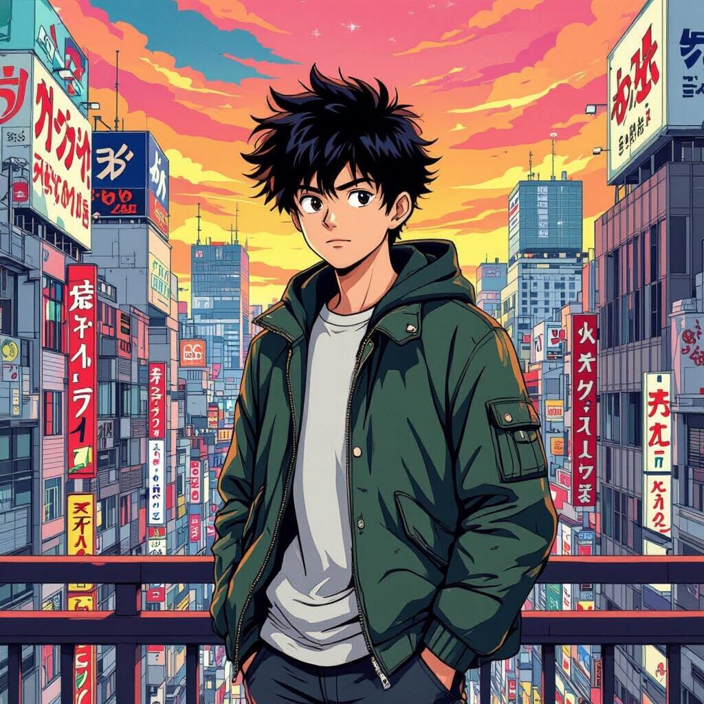 Anime Style Young Man in Tokyo Cityscape