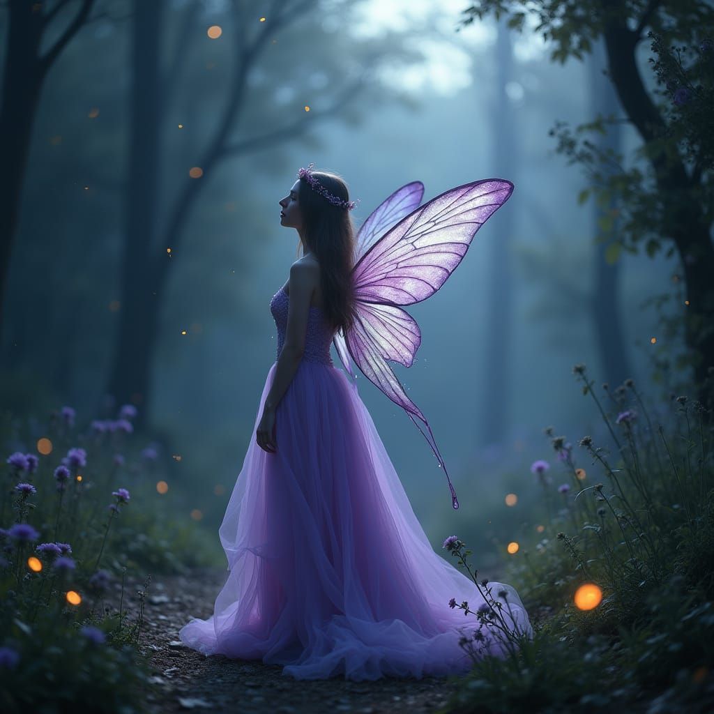 Enchanting Fairy in Lavender Gown Amidst Mystical Forest