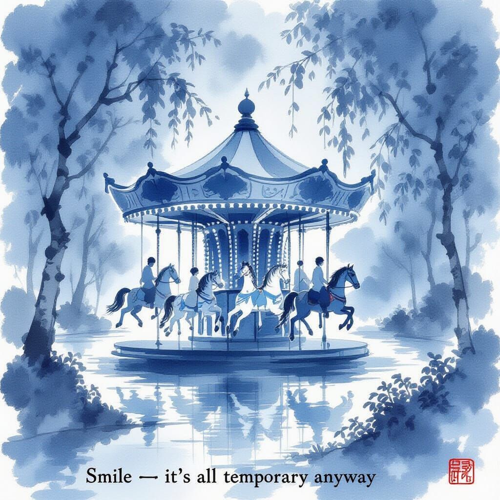 Sumi-e Carousel Painting in Blue Tones