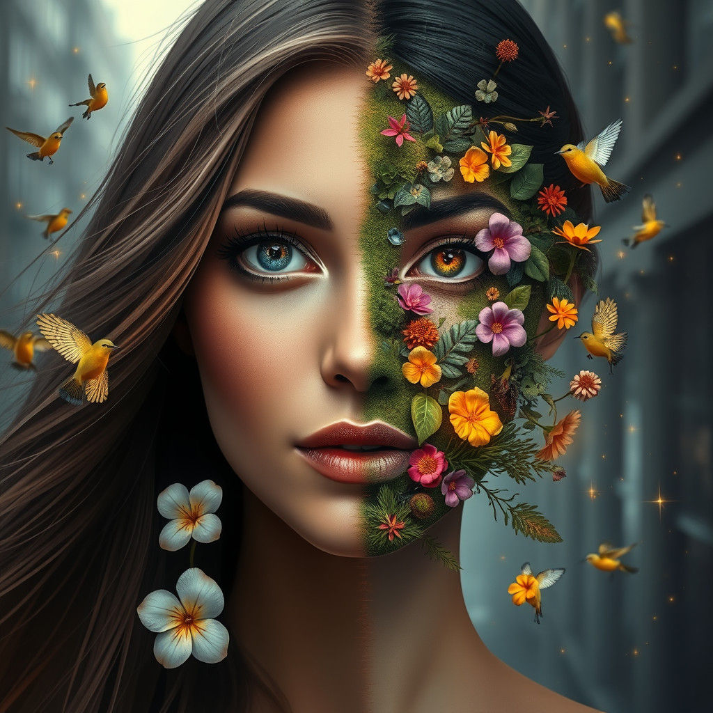 Botanical Split Portrait: Nature and Urban Fusion