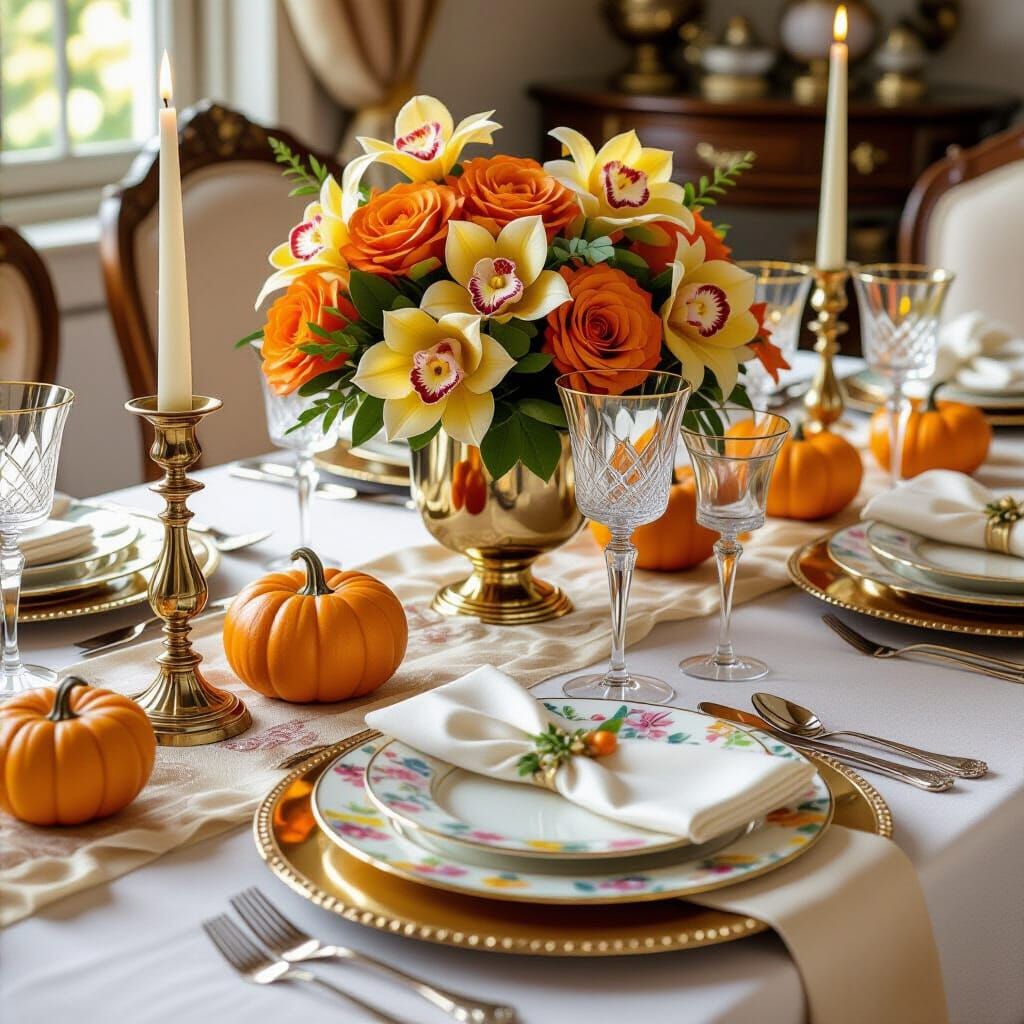 Baroque Thanksgiving Table Setting with Orchids