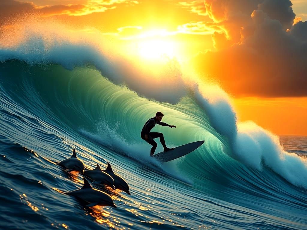 Legendary Surfer Riding Colossal Wave Amidst Dolphins and Su...