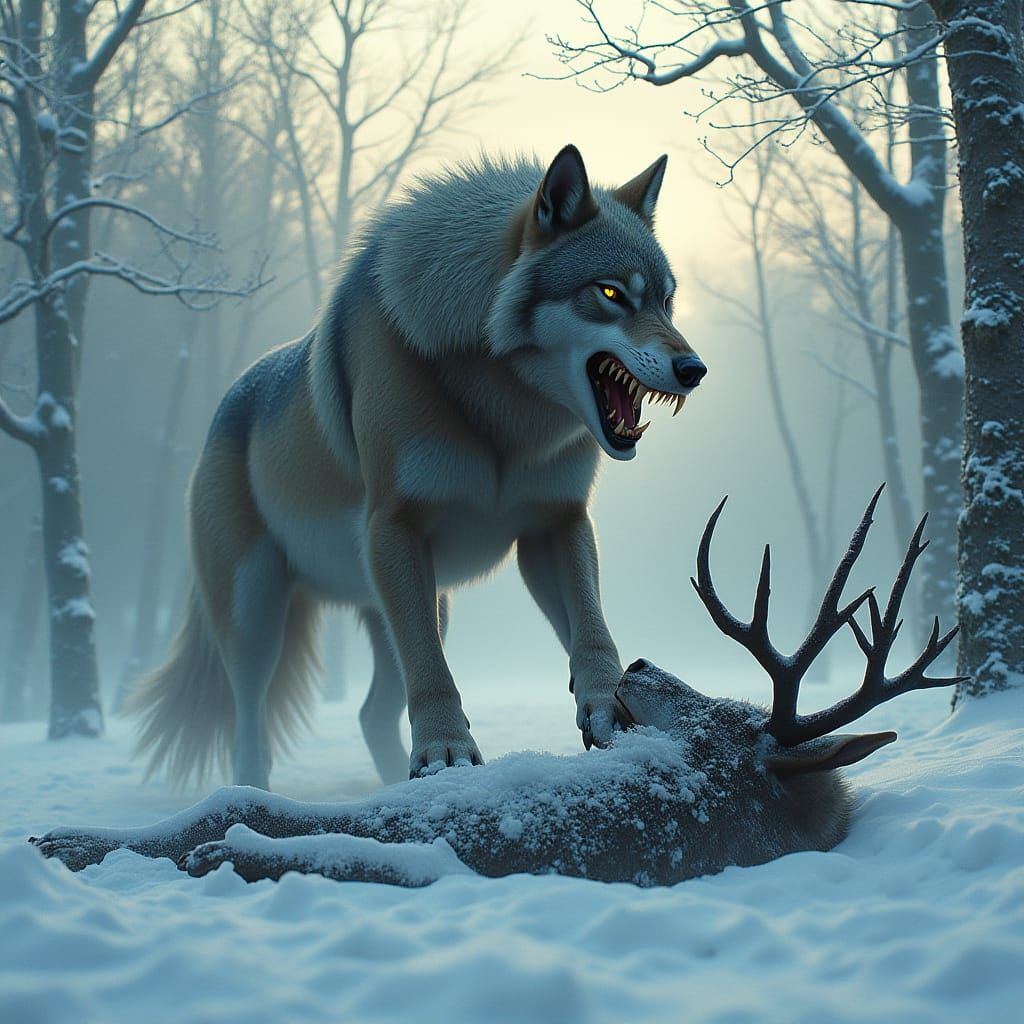 Wolf Dominates Snowy Landscape in Hyper-Realistic Style