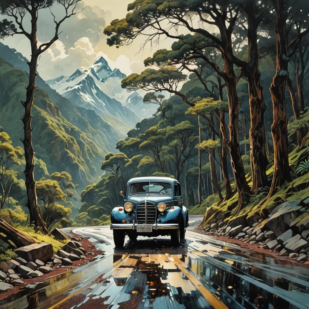 Peruvian Mountain Road with Retro Fantasy Art Elements