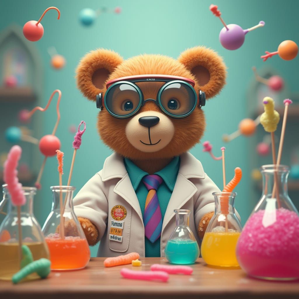 Teddy Bear Scientist with Gummy Worms in Whimsical Lab